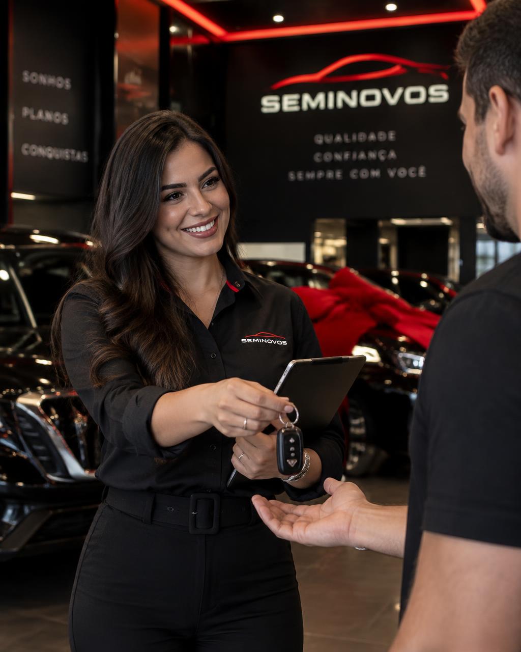 Vendedora entregando a chave de um seminovo ao cliente