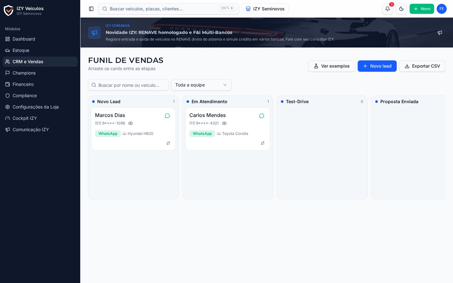 Apresentação ilustrativa de CRM de Alta Conversão no IZY Veículos
